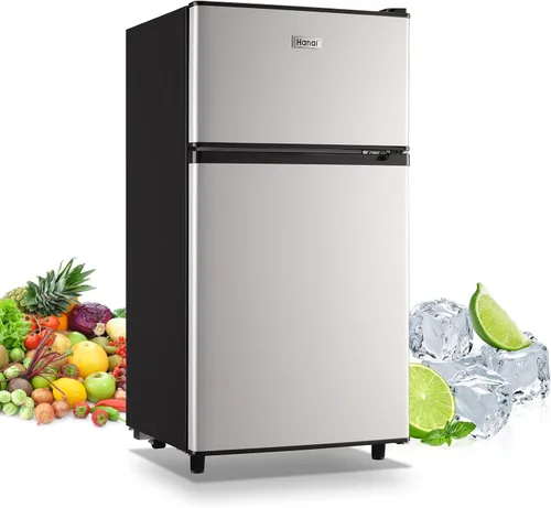 Vista 8 de WANAI - Refrigerador compacto de 3.5 pies cúbicos, diseño de 2 puertas, termostato ajustable, estantes ajustables y extraíbles, adecuado