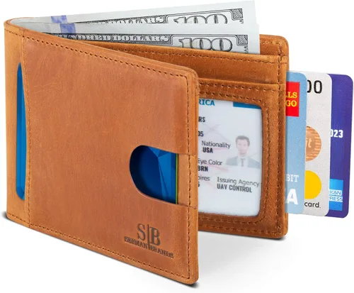 Vista 7 de SERMAN BRANDS RFID Blocking Slim Bifold Genuine Leather Thin Minimalist Front Pocket Wallets for Men Billfold Wallet Men Gift