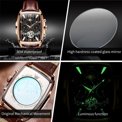 Vista 5 de OLEVS Relojes rectangulares para hombre, de cuero marrón, mecánico, automático, de moda, de negocios, luminoso, impermeable, relojes de pulsera