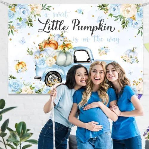 Vista 5 de Fondo de decoración de baby shower con diseño de calabaza pequeña para niño, A Sweet Little Pumpkin is On The Way Fall Blue Floral Truck Fotografía
