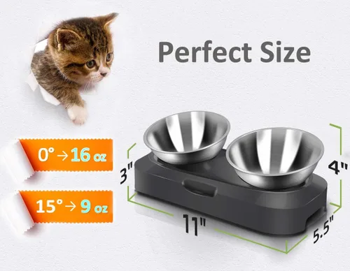 Vista 7 de Tazón de comida para gatos de acero inoxidable AYADA, diseño ergonómico de 15 ángulos, reduce el vómito