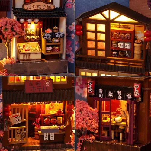 Vista 4 de Kit de rincón de libro de estilo japonés, kit de casa de muñecas en miniatura, casa de muñecas de madera, habitación creativa con luces LED, regalos