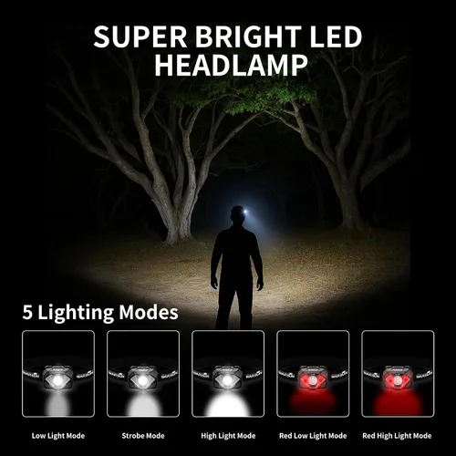 Vista 5 de WARSUN - Linterna frontal recargable, luz LED ajustable con sensor