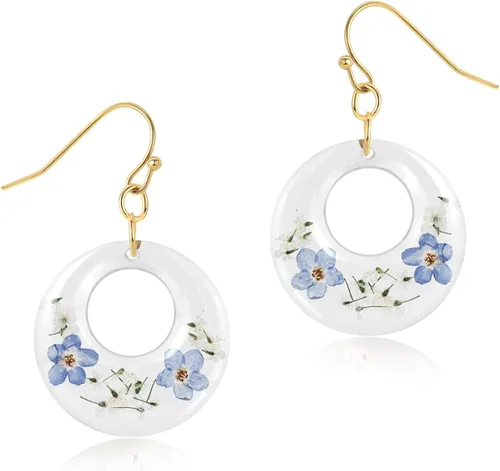 Vista 29 de Pressed Flower Earrings,Handmade Forget-Me-Not and Queen Anne's Lace Wildflower Earrings,Unique Resin Dried Flower,Perfect for Parties