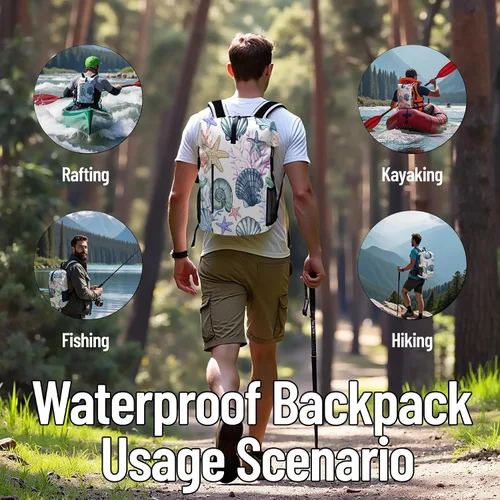 Vista 8 de Bolsa seca impermeable Bolsas secas marinas para kayak, senderismo, conchas marinas, coral, náutica, estrella de mar, mochila con cierre enrollable