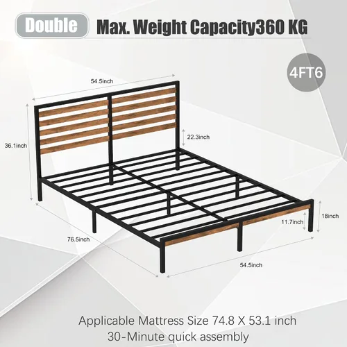Vista 9 de Marco de cama de tamaño matrimonial con combinación de madera y metal, plataforma estable con soporte de listones de acero, cama doble, no necesita
