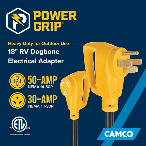 Vista 8 de Adaptador eléctrico Powergrip Dogbone 55175 de Camco, con mango, 18 pulgadas, color amarillo