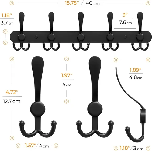 Vista 2 de Perchero de pared con 5 ganchos triples, acero inoxidable de 16 pulgadas – acabado mate negro, perchero resistente montado en la pared para abrigos