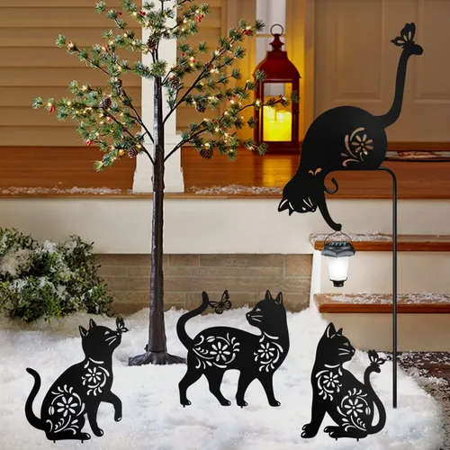Vista 5 de Estacas de Jardín de Gato Sosteniendo Farol Solar Gatos de Jardín de Metal Farol Solar de Gato Estacas Decorativas de Jardín para Patio, Jardín