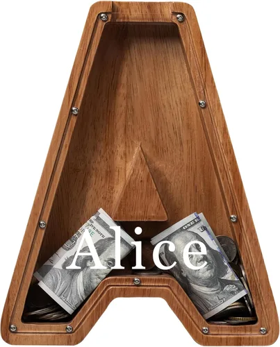 Vista 21 de Alcancía para niños y niñas, alcancía de madera con letra grande del alfabeto con inicial A, banco de monedas, regalos divertidos para cumpleaños