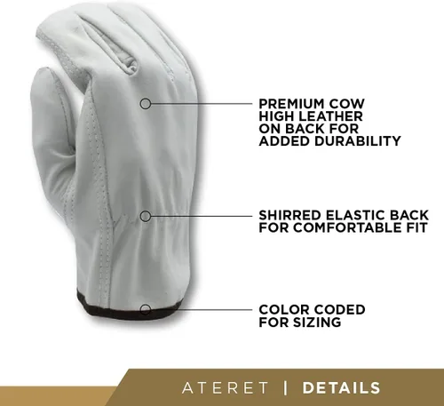 Vista 3 de ATERET 12 pares de guantes de trabajo de cuero vacuno resistentes y duraderos tamaño pequeño Guantes para conductores para conducción de camiones