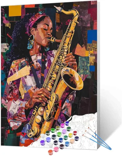 Vista 14 de Pintura de niña afro a la moda, kits de pintura por números, 16 x 20 pulgadas, lienzo de hojas tropicales, pintura al óleo para niños y adultos