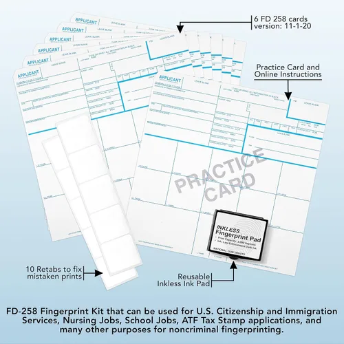 Vista 6 de National Gun Trusts - Fabricado en Estados Unidos - Kit completo de tarjetas de huellas dactilares FD-258 2026 (6 tarjetas + 1 tarjeta de práctica)