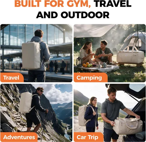 Vista 8 de Mochila de lona resistente al agua 40L con compartimento para zapatos y bolsillo húmedo Beige