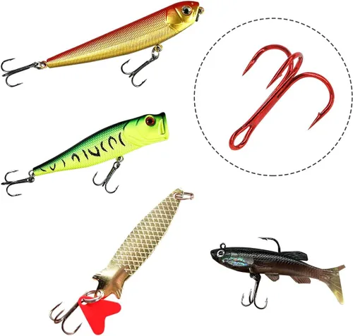 Vista 7 de Kit de ganchos agudos de pesca rojos, ganchos de acero de alto carbono, curvados redondos fuertes y afilados para señuelos, cebos de agua salada