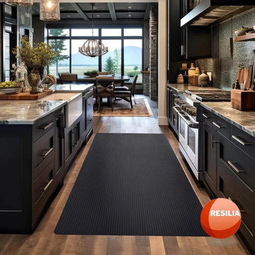 Vista 2 de RESILIA Tapete de piso de plástico negro - Vinilo impermeable con nervadura ancha en relieve, alfombrilla protectora resistente para suelos