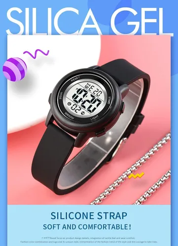 Vista 5 de Relojes digitales para mujer, pantalla LED, correa de silicona, reloj militar, multifunción, impermeable, alarma, cronómetro, retroiluminación LED