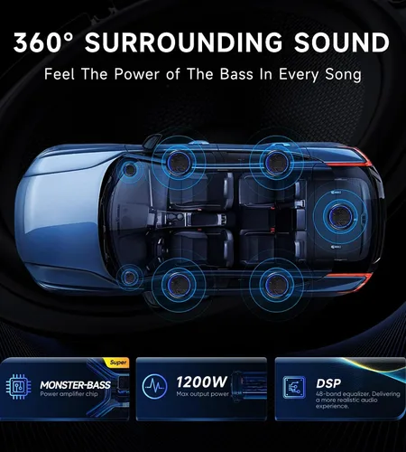 Vista 6 de Subwoofer RGB de 1200W, Subwoofer de Coche Delgado Bajo el Asiento y Paquete de Amplificador con Luz RGB Sincronizada con el Ritmo, Control