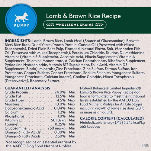 Vista 8 de Natural Balance Alimento seco para cachorros de ingredientes limitados con granos saludables, receta de cordero y arroz integral, 4 libras