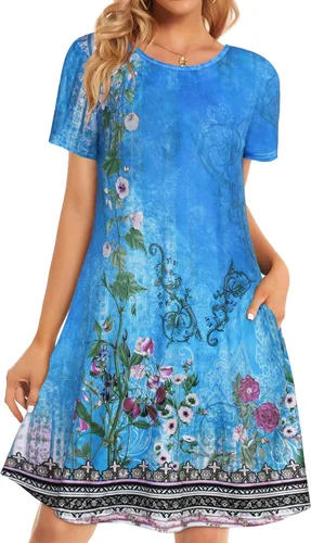 Vista 26 de Vestidos de verano para mujer, informales, holgados, estilo camiseta, florales, de manga corta, con vuelo y bolsillos, para la playa