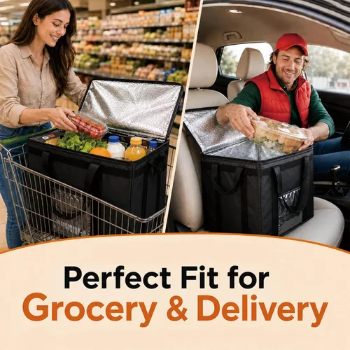 Vista 3 de Bolsa térmica XXL aislada y calentador de alimentos para entrega y compras de comestibles con parte superior con cremallera, color negro