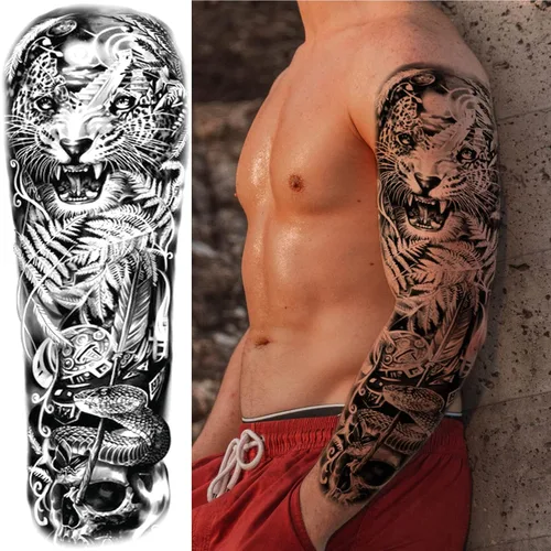 Vista 3 de Mangas temporales de tatuaje de bosque, brazo completo, lobo grande, león, animal, bosque, tribal, tatuajes falsos para hombres, mujeres y adultos