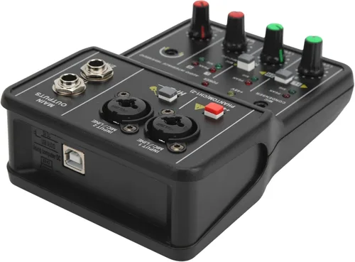Vista 9 de Mini mezclador de audio, 2 canales USB portátil con tarjeta de sonido en vivo, sistema de consola con alimentación fantasma de 48 V, mezclador DJ
