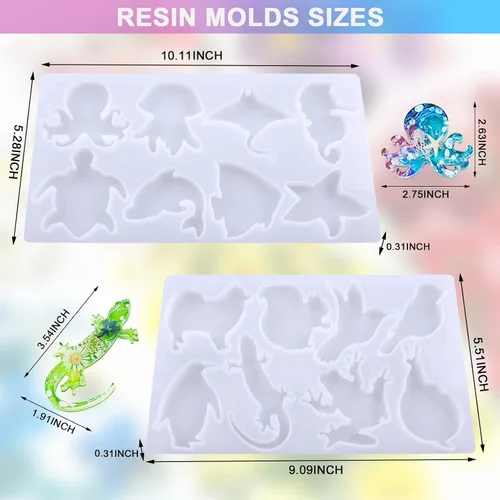 Vista 2 de Moldes de resina para llavero, lindos moldes de silicona de animales, 16 animales terrestres marinos moldes epoxi para fundición de resina, llavero