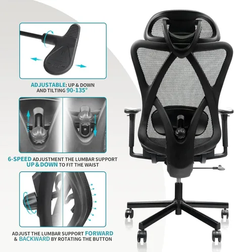 Vista 4 de Ergonomic Office Chair with Lumbar Support, High Back Mesh Computer Desk Chair, Adjustable Gaming Chair for Adults with Headrest, 135° Recline