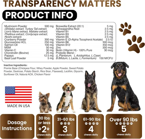 Vista 6 de Suplemento de hongo de cola de pavo para perros, 170 masticables, hongos para perros, Reishi, melena de león, multivitamínico de glucosamina