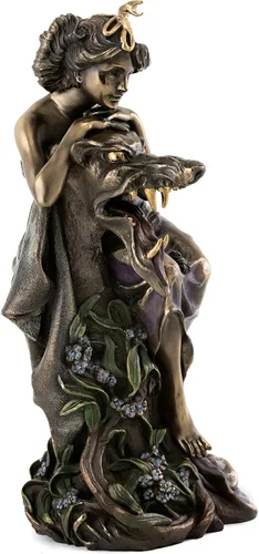 Vista 4 de Top Collection French New Art Nouveau - Estatua de dama y bestia, pintada a mano, escultura coleccionable de hermosa dama en bronce fundido en frío