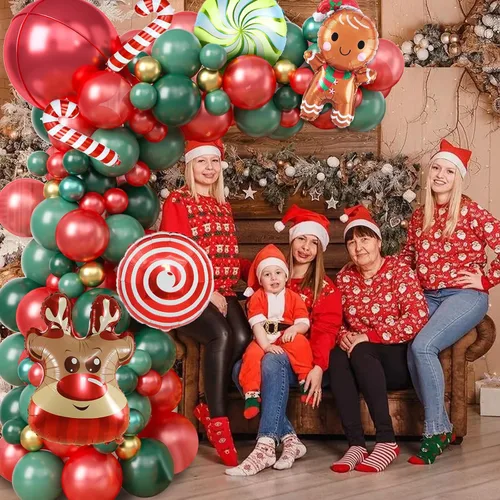 Vista 7 de Kit de Guirnalda de Globos de Navidad, 108 Piezas Globos Retro Verde Oscuro Rojo Oro Arco con Globos 4D, Globos de Caramelo en Forma de Bastón