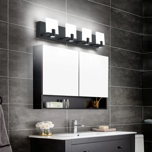 Vista 6 de SOLFART Luces LED regulables para tocador de baño, lámparas modernas con focos, 4 luces, acabado negro mate, base de metal, acrílico blanco