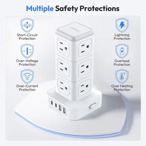 Vista 7 de NTONPOWER Torre de regleta de alimentación con protector de sobretensiones, torre de protección de sobretensiones 1080J, 12 salidas de CA, 4 puertos