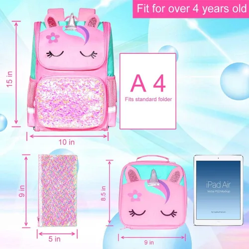 Vista 3 de KLFVB Mochila de 3 piezas para niñas y niños, bolsa de libros de dinosaurio de unicornio de 15 pulgadas con lonchera, bolsa escolar preescolar