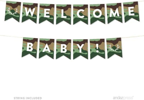 Vista 7 de Andaz Press Woodland Camouflage Boy Baby Shower Collection, banderín colgante con cuerda, tarjetas y regalos, 5 pies, 1 juego, decoración de papel