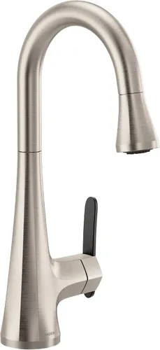 Vista 33 de Moen Sinema grifo de cocina desplegable de acero inoxidable con aumento de potencia y sistema retráctil, llave de cocina moderna de arco alto, fácil
