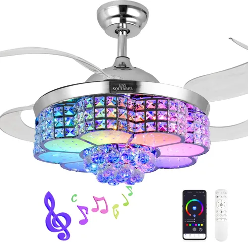 Vista 11 de BAYSQUIRREL Ventilador de techo retráctil de cristal con luz, ventiladores de techo Bluetooth con altavoz y control remoto/APP, 6 velocidades, aspas