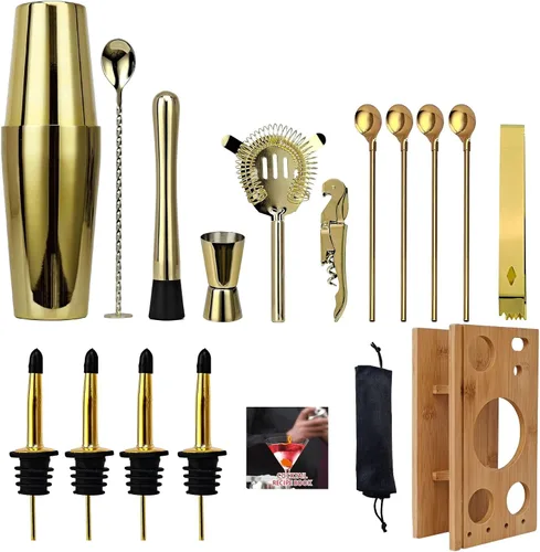 Vista 2 de Kit de coctelera de 17 piezas con soporte, coctelera Boston, cuchara mezcladora, Muddler, jigger medidor, exprimidor de limón, pinzas, sacacorchos