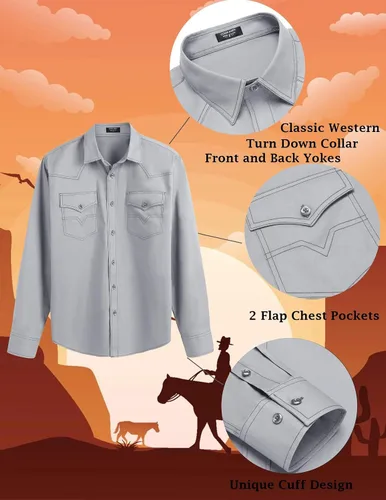 Vista 6 de COOFANDY Camisa vaquera de manga larga para hombre, de algodón, con botones, estilo casual, con bolsillos