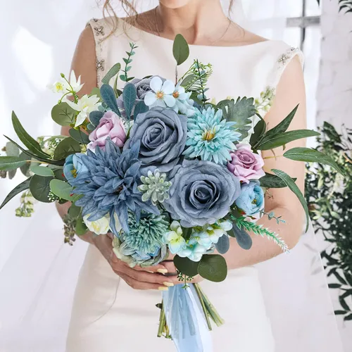Vista 2 de AmyHomie - Juego de flores artificiales azules, mezcla de seda, peonía, rosa, hortensia, flores falsas con tallo para bricolaje, ramos de boda