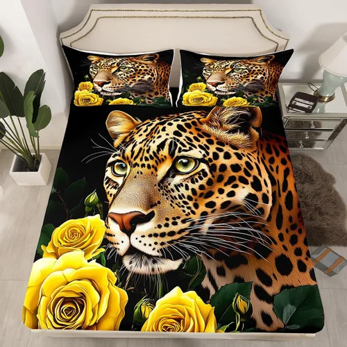 Vista 16 de Erosebridal Juego de sábanas bajeras de rosas rojas y leopardo, tamaño individual, diseño de animales africanos salvajes, diseño de plantas