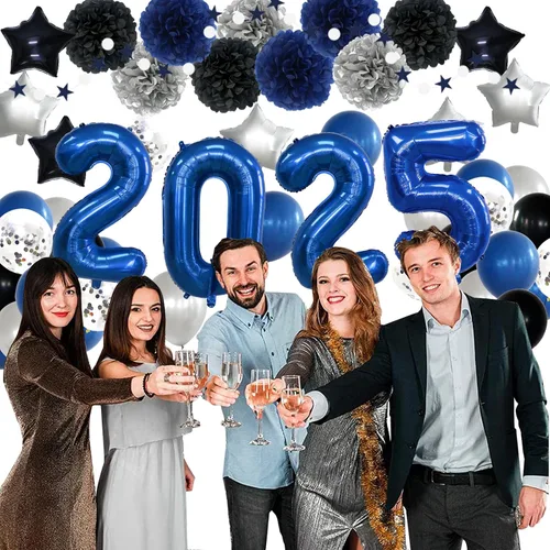Vista 2 de Suministros de fiesta de Nochevieja 2025, decoraciones de clase de 2025, azul y negro, globos de Fiol Banner de flores pompones de flores guirnalda