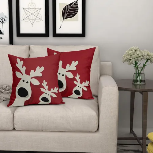 Vista 7 de Juego de 2 fundas de almohada rojas de Navidad de 16 x 16 pulgadas, decoración de Navidad de ciervos de Navidad, estampado de invierno, fundas