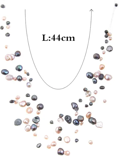 Vista 5 de LUREME Collar de ilusión de perlas de agua dulce irregulares multicolor y negro multicapa para mujer (01000555-padre), Perla, Perla