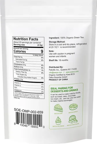 Vista 2 de Soeos Polvo de Matcha Orgánico, Polvo de Té Verde Matcha, 2 oz (57g), Matcha Japonés Rico en Antioxidantes para Lattes, Batidos y Hornear, Bolsas