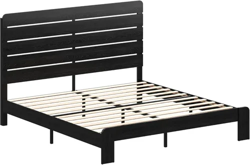 Vista 8 de Marco de cama de madera tamaño King con cabecera, base de cama de plataforma estilo granja rústica con soporte de listones de madera, resistente