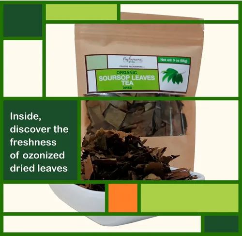 Vista 4 de Frutos Pachamama Té orgánico de hojas de guanábana – Hoja de guanábana seca 100% pura, secada al sol y seleccionada a mano para frescura Apoya