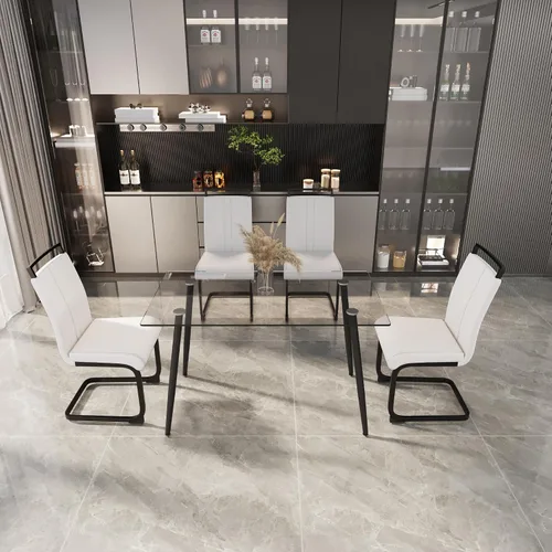 Vista 24 de Juego de mesa de comedor de cristal moderno para 4, juego de mesa de cocina rectangular, juego de mesa de comedor de 5 piezas con 1 mesa de vidrio