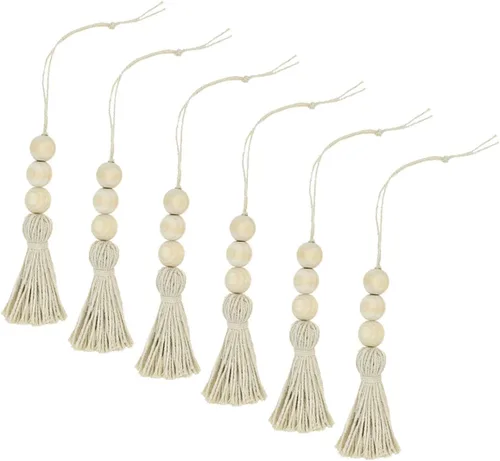 Vista 13 de Garneck Guirnalda de cuentas de madera, borlas de granja, cuentas de oración rústica para decoración de puerta del hogar, decoración de Navidad 1